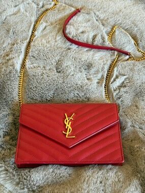 YSL Grain De Poudre Matelasse Chevron Monogram Chain Wallet Crossbody Bag